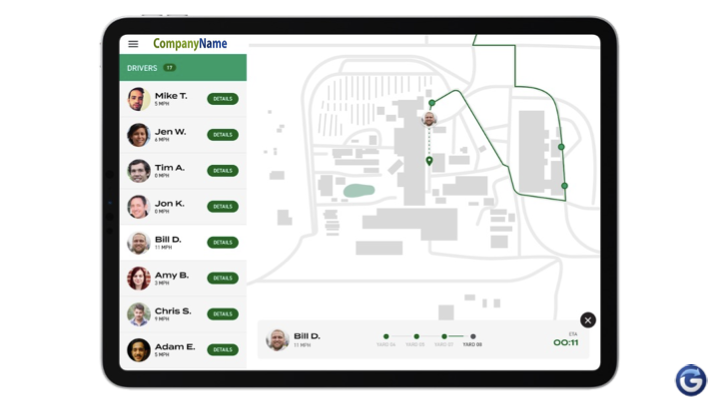 An iPad showing the operational view of the steel dashboard. With Glympse, operational staff can view all driver locations and their route progress.